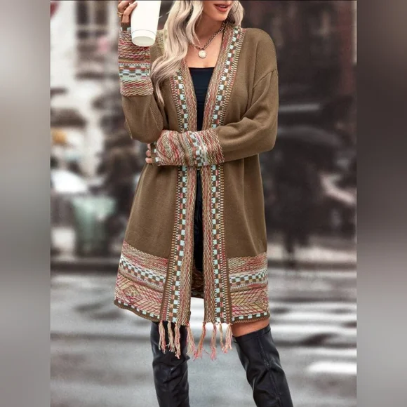 SHEIN LUNE Checkered & Geo Pattern Drop Shoulder Fringe Trim Duster Cardigan-(S) - Picture 3 of 10